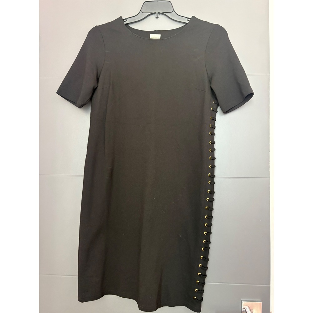 Chicos Black Ponte Shift Dress Womens Size 0 Side Lace Grommet Short‎ Sleeve